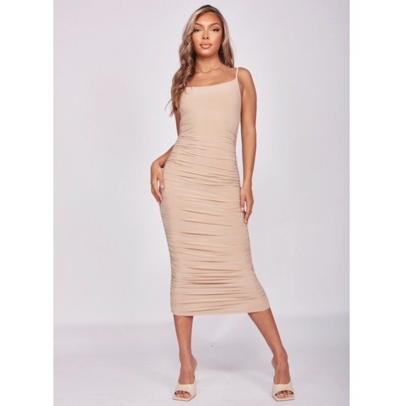 Dresses & Skirts - Beige Sleeveless Square Neck Ruched Bodycon Midi Dress